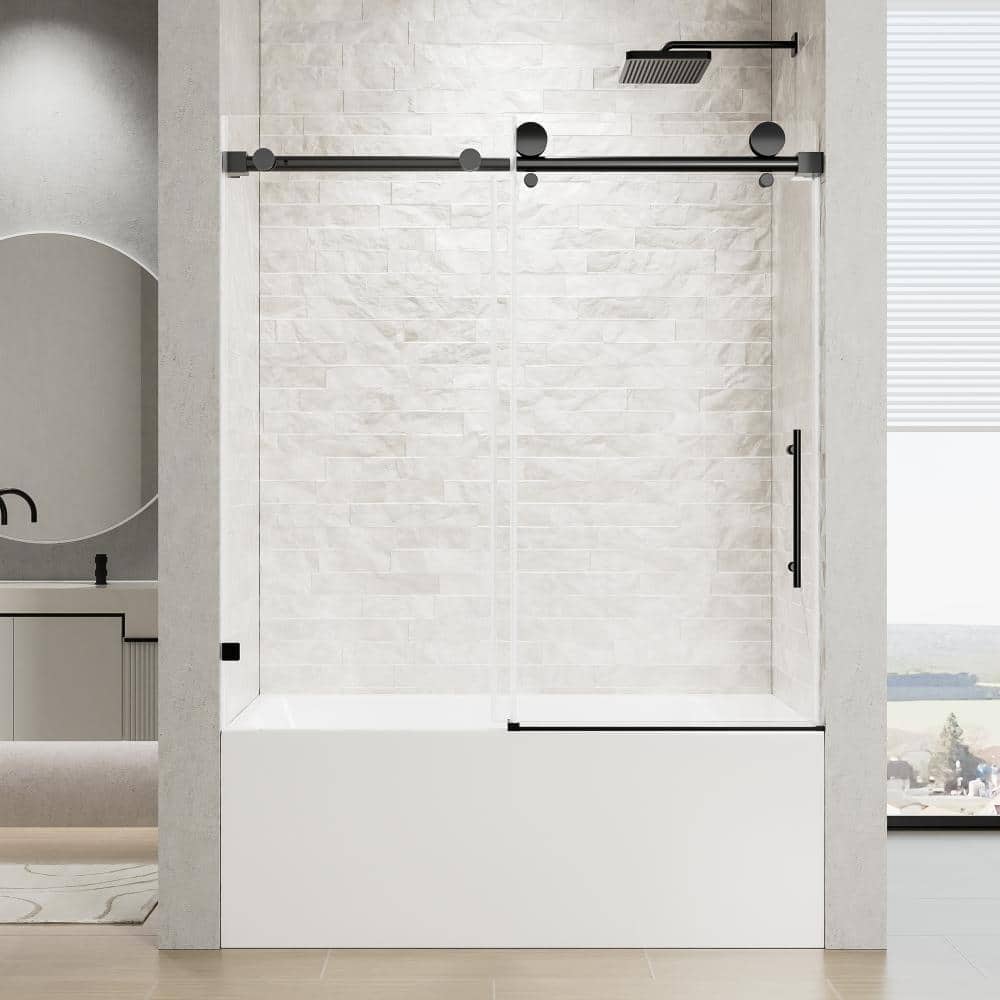 56-60 in.Wx60 in.H Matte Black Frameless Single Sliding Tub Shower Door,8mm SGCC&ANSI Tempered Glass price history on PriceWatchPro