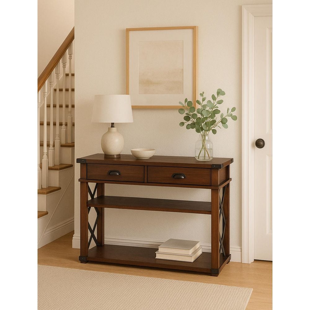 48 in. Vintage Ash Rectangle Wood Console Table with Drawers;Shelves