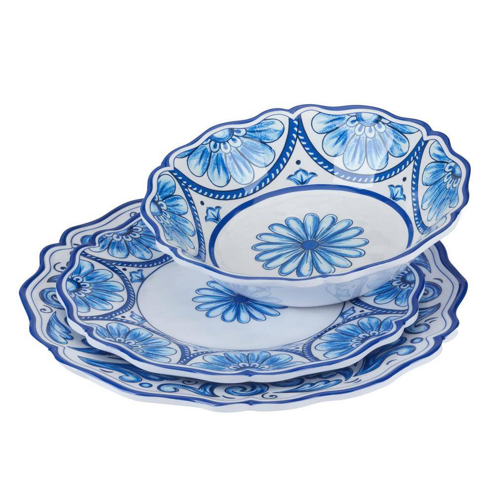 Blue and White Floral Melamine Dinnerware Set, Service for 4