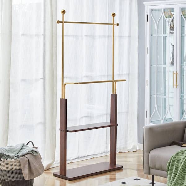 Walnut/Golden Coat Rack with Solid Wood Partition and Stainless Steel Hanger