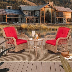 3-Piece Yellow Wicker Swivel Outdoor Rocking Chair Set with Red Cushions Patio Conversation Set (2-Chair)