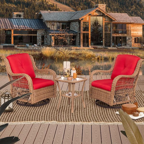 Zeus & Ruta 3-Piece Yellow Wicker Swivel Outdoor Rocking Chair Set with Red Cushions Patio Conversation Set (2-Chair)