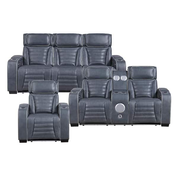 Bedos 84 in. W. Pillow Top Arm Top Grain Leather Rectangle 3-Piece Power Reclining Sofa Set in Blue