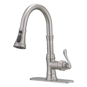 Single-Handle Deck Mount Gooseneck Brass Kitchen Sink Faucet with Pull Down Sprayer and Deckplate in Brushed Nickel