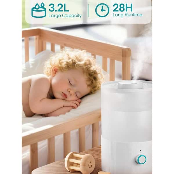 0.85 Gallon Plastic Cool Mist Ultrasonic Tabletop Humidifier for Bedroom and Baby, Top Fill Oil Diffuser, White