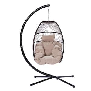 3.75 ft. Patio Swing Courtyard Wicker Folding Hanging Chair with Beige Brown Cushion and Pillow