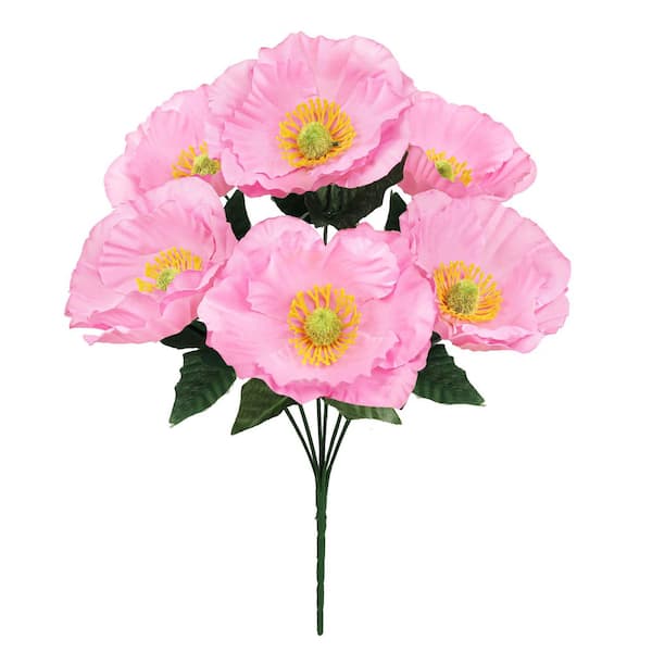 LIVING LUXURY 14 in. Pink Artificial Poppy Flower Stem Bush Bouquet (Set of 12)