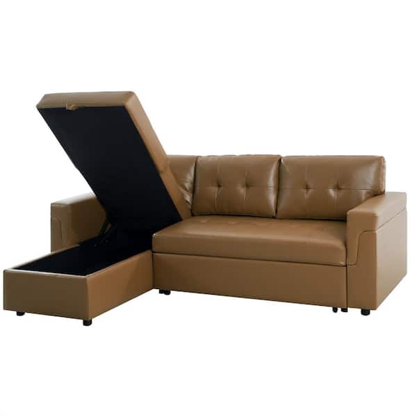 MAYKOOSH 84 in. Square Arm 1-Piece Air Leather L-Shaped Sectional Sofa in. Mocha with Chaise