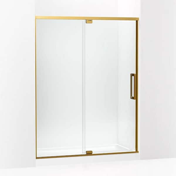 Statement 60 in. W x 76 in. H Pivot Framed Shower Door in Brass Finish with Clear Glass