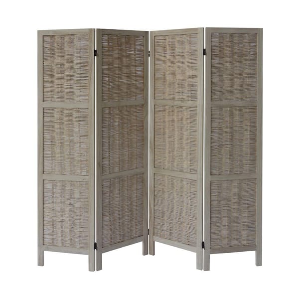 THE URBAN PORT 5.5 ft. Light Brown 4-Panel Foldable Wooden Divider Screen with Willow Weaved Design