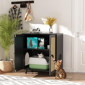 Modern Cat Litter Box Enclosure, Black Hidden Litter Box Furniture Cat Washroom Storage With Lock Sisal Door for Rooms