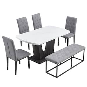 6-Piece Faux Marble Top Dining Table Set for 6 with 4 Chairs and 1 Bench, White