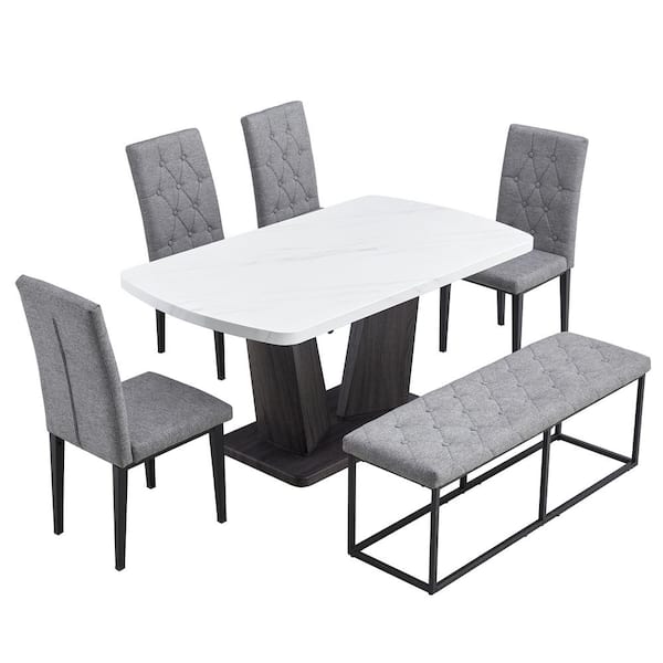 Polibi 6-Piece Faux Marble Top Dining Table (Set for) 6 with 4 Chairs and 1 Bench, White