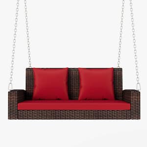 2-Person Brown Wicker Hanging Porch Swing with Chains and Red Cushion for Garden; Backyard; Pond