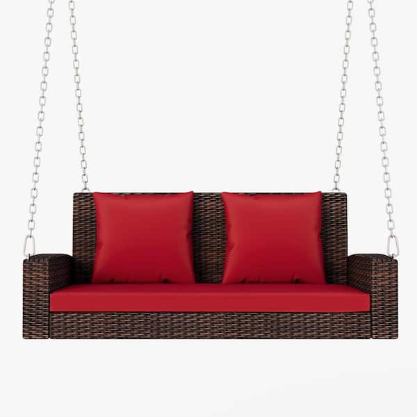 Zeus & Ruta 2-Person Brown Wicker Hanging Porch Swing with Chains and Red Cushion for Garden; Backyard; Pond