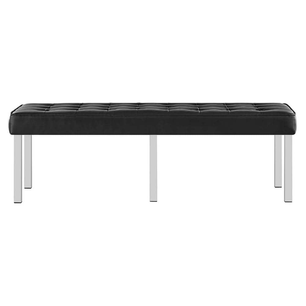 Black Tufted Vegan Leather Bench with Stainless Steel Legs