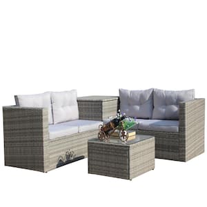 4 Piece Wicker Outdoor Furniture Sofa Set Patio Sofa Set Sectional Sofa Set with Storage Box with Gray Cushions Gray