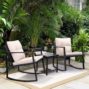 3-Piece Black Metal Outdoor Bistro Table with Beige Cushions and 2 Arm Chairs for Backyard, Poolside, Garden