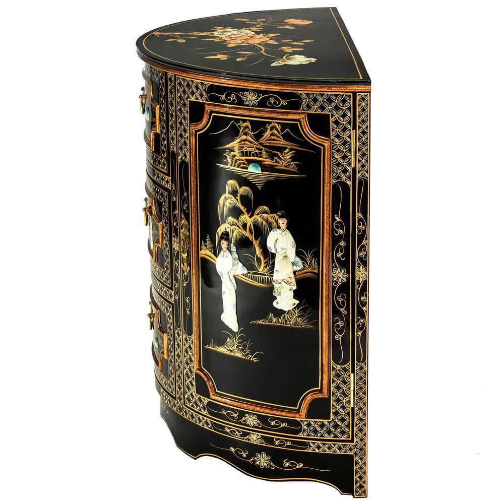 Black Lacquer Half-Moon Cabinet with Mother-of-Pearl Design