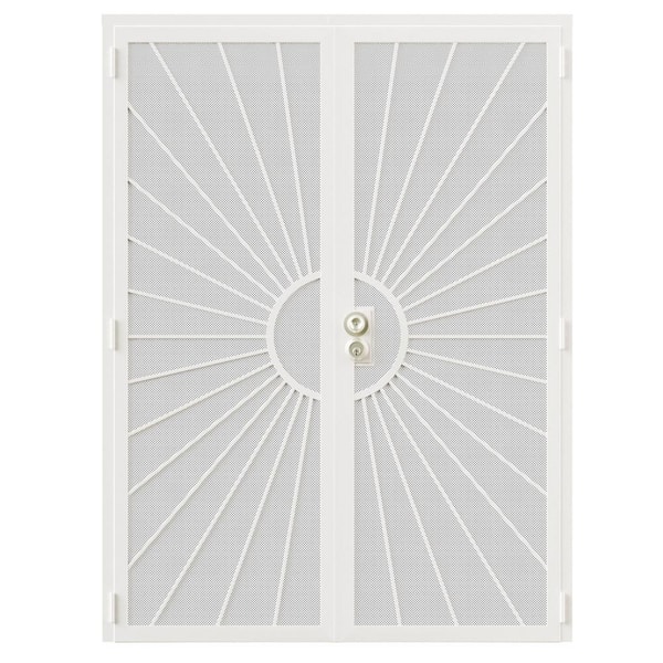 64 in. x 80 in. Universal/Reversible Hinging White Surface Mount Steel Security Door w/ Perforated Screen, Bug Net Lock