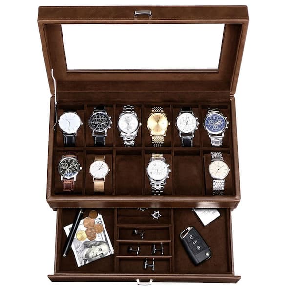 Unbranded Luxury Watch Box for Men, Faux Leather Organizer with Drawer, Real Glass Top, Brown-13 in. x 7.48 in. x 5.12 in.