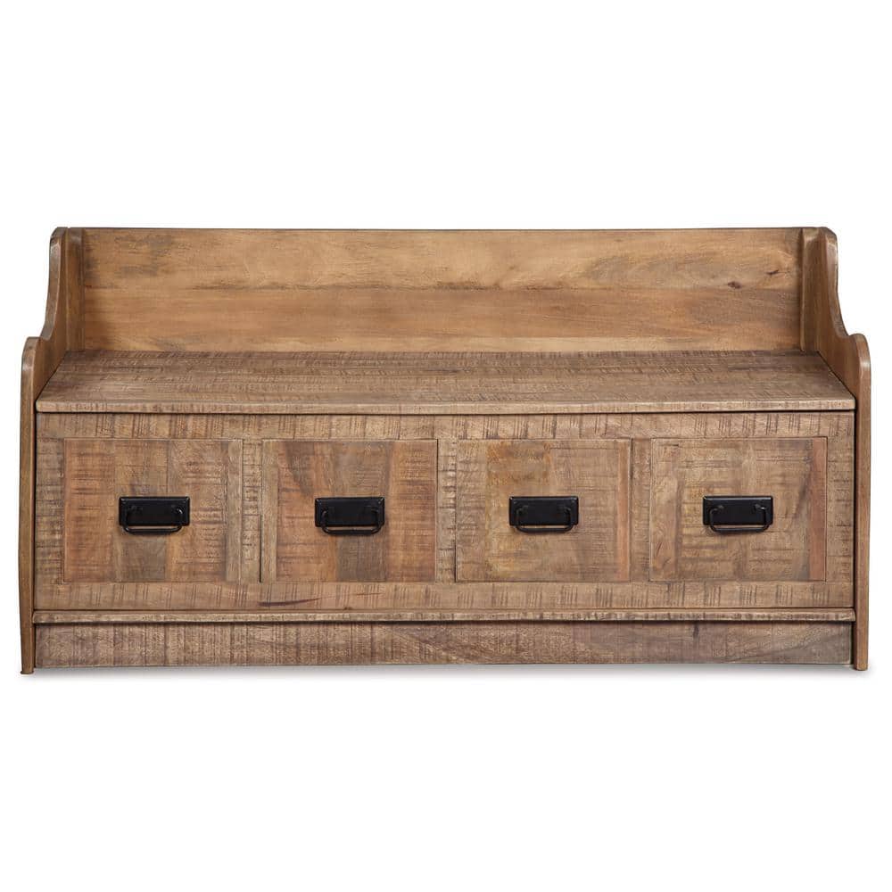 Garrettville Light Brown Solid Wood Storage Bench with Faux Drawers