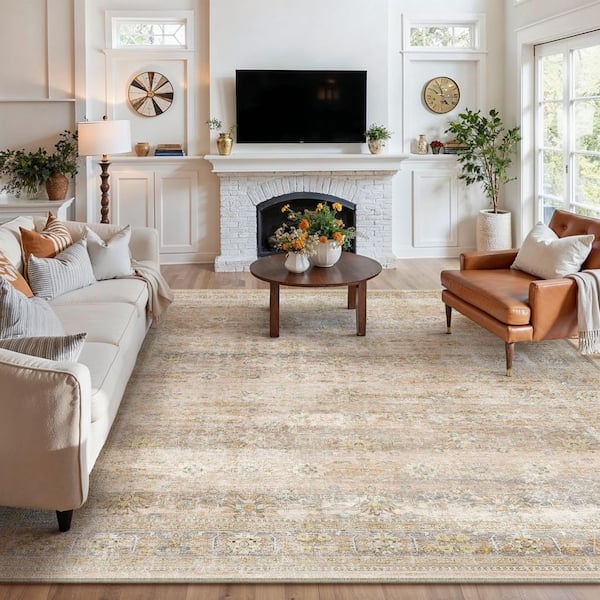 Oasis Secret Beige 9 ft. x 12 ft. Distressed Vintage Floral Area Rug