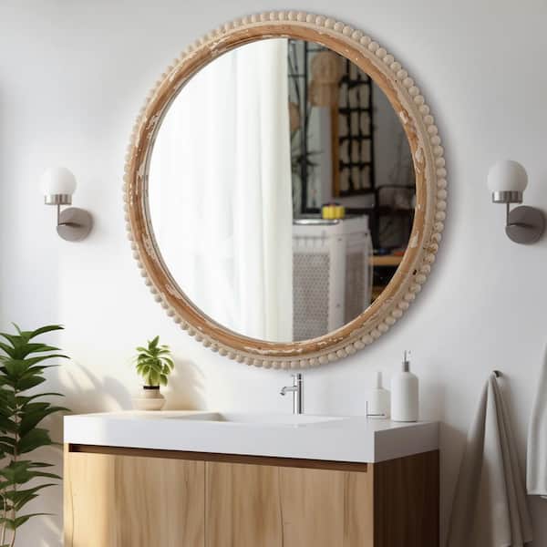 36 in. W x 36 in. H Round Antique Wood Framed with White Beaded Accent Decorative Wall Mirror, Entry Way