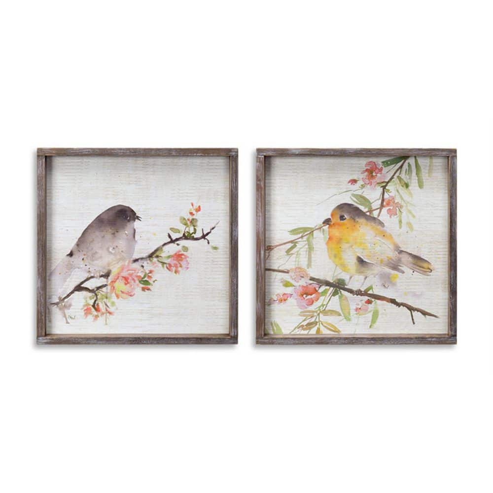 Rustic Brown Wood Framed Watercolor Bird Plaques Set