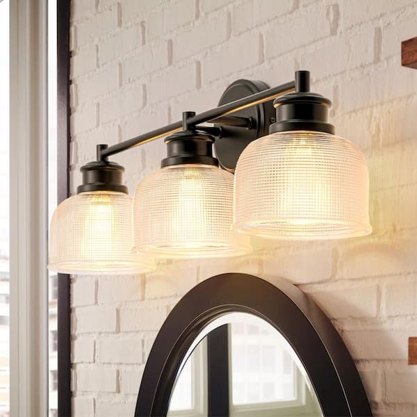 Rennnsan Shannon 23.8 in. W 3-Light Matte Black Modern Bell Grid Glass Bathroom Vanity Light