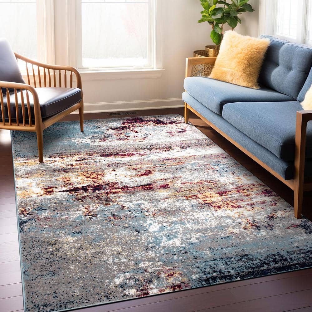 Distressed Abstract Watercolor Multi-Color Area Rug 7'10" x 10'