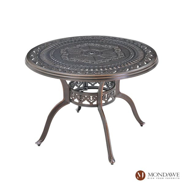 40 in. Round Antique Bronze Cast Aluminum Standard Height Outdoor Dining Table with Umbrella Hole