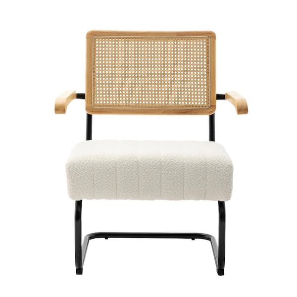 HOMEFUN Mid-Century Rattan Backrest Beige Boucle Seat Accent Chair