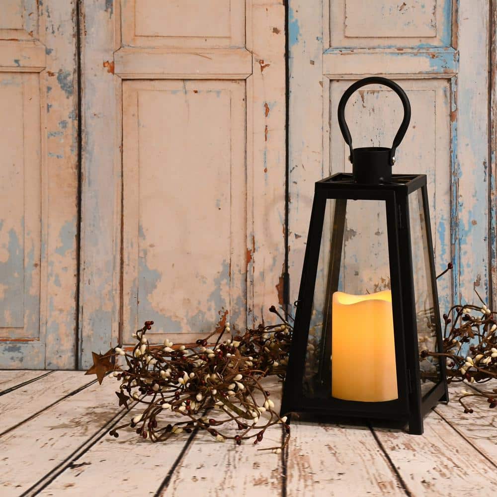 Black Metal Tabletop Lantern with Amber LED Candle