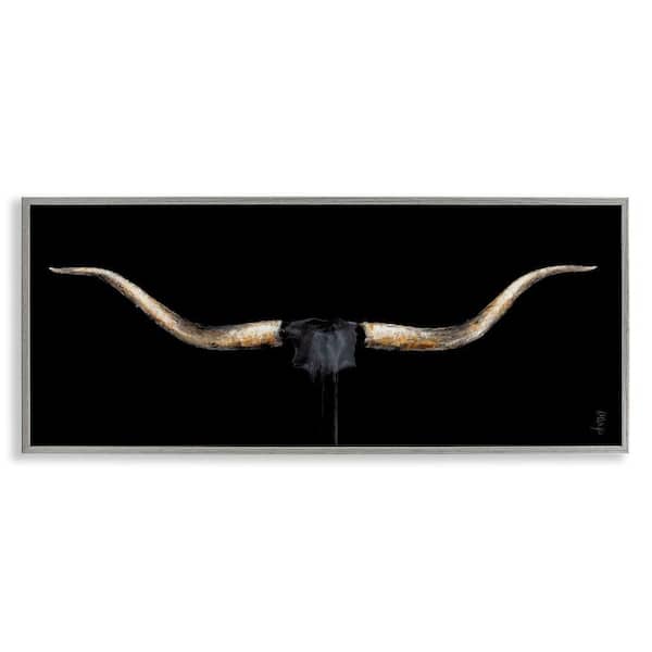 Bull Horns Animal Painting by Dina D'Argo Gray Framed Giclee Art Print Animal 30 in. x 13 in.