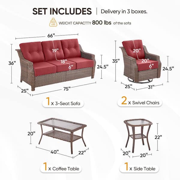 Modern Farmhouse 5-Piece Brown Wicker Patio Conversation Set with 6 In. Red Olefin Cushions/Outdoor Swivel Chairs