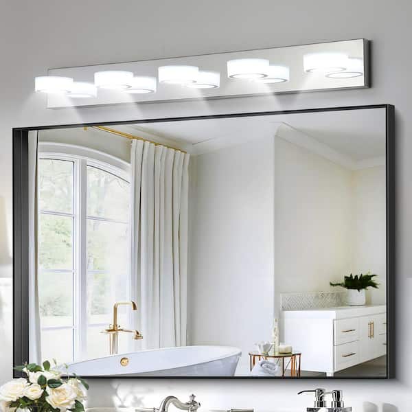 37 in. 5-Light LED Vanity Light Fixture with Chrome Finish and Acrylic Shades, Dimmable for Mirror, Shower, Bathroom