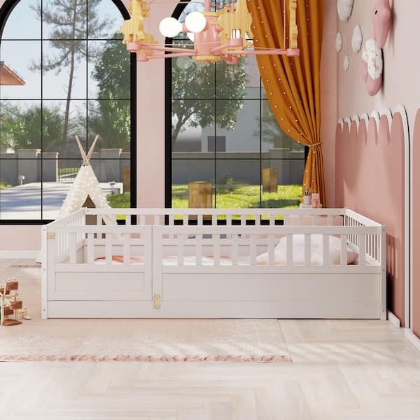 White Wooden Full Size Floor Bed Frame with Door