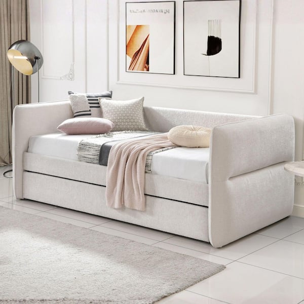 Mighty Beige Fabric Upholstered Full Size Daybed with Pull Out Trundle, Button Tufted Nailhead, Oatmeal