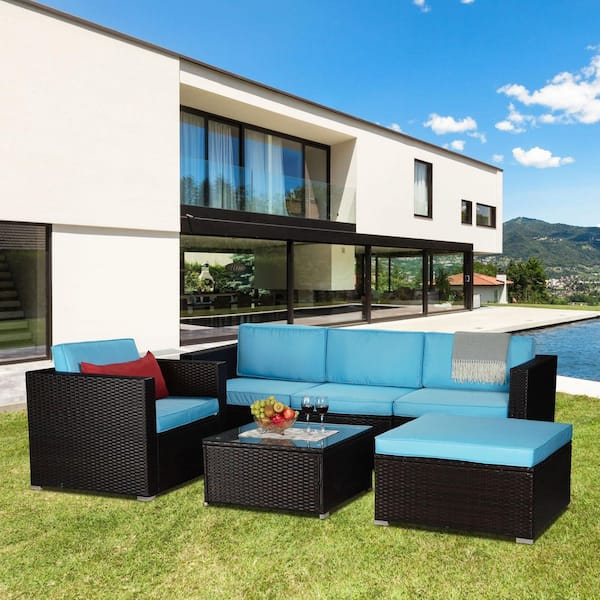 Tunearary Garden 6-Piece Brown PE Rattan Wicker Outdoor Sectional Set Sofa with Blue Cushioned and 1 Red Pillow
