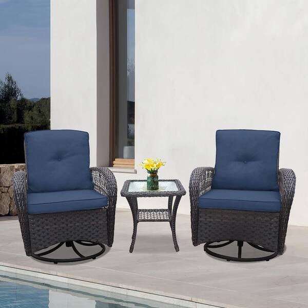 Unbranded 3-Piece Metal Patio Conversation Set, Wicker Rocker Swivel Outdoor Bistro Set with Navy Blue Cushion