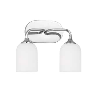 Emile Medium 13.25 in. 2-Light Chrome Bathroom Vanity Light with Etched White Glass Shades