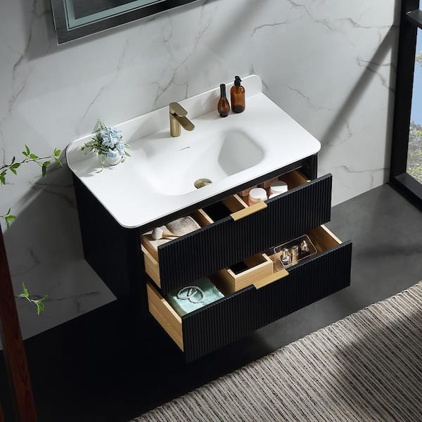 Wenlorin 36 in. Single Sink Floating Black Bath Vanity with White Acrylic Top Pre-Assembled