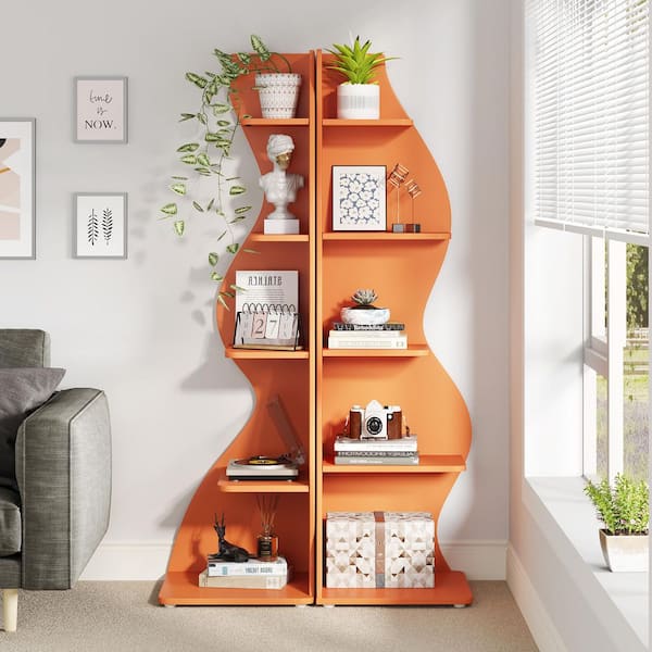 Eulas 69.8 in. Tall Orange Wood 5-Shelf Standard Bookcase Corner Shelf with Storage Shelf and Curvy Shape (Set of 2)