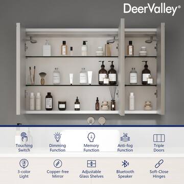 DEERVALLEY 40 in. W x 24 in. H Rectangular Wall Mounted LED Light Bathroom Medicine Cabinet with Mirror, Anti-Fog, Three Doors DV-1VM0241