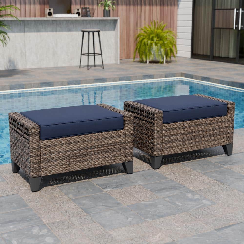 Patio Wicker Ottoman Set of 2 Rattan Footstools w/ Hand-Woven PE Rattan Removable Soft Cushion All-Weather, Blue price history on PriceWatchPro