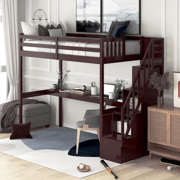 Urtr Espresso Twin Loft Bed With Desk, Twin Bunk Bed With Desk And Storage
