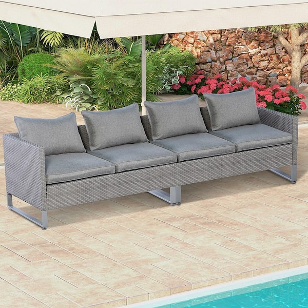 2PCS Wicker Patio Conversation Set Outdoor Sectional Set Furniture Garden with Grey Cushions
