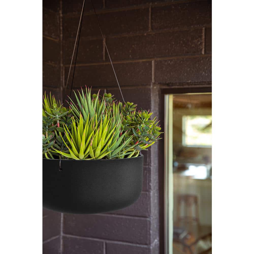 Kona Modern Hanging Bowl Planter 14" in Black Plastic-Stone Composite