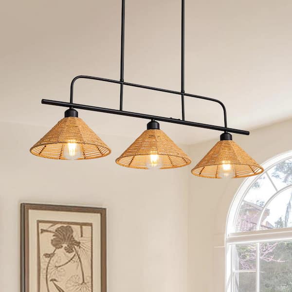 Pacific Core 3-Lights Black Rattan Caged Linear Chandelier for Kitchen Island with No Bulbs Included